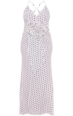 Plus Polka Dot Satin Rose Detail Maxi Dress-PrettyLittleThing