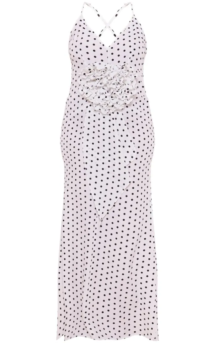 Plus Polka Dot Satin Rose Detail Maxi Dress-PrettyLittleThing