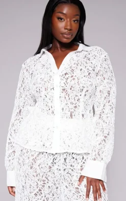 Hot PrettyLittleThing Plus Premium Woven Jacquard Lace Fitted Shirt White