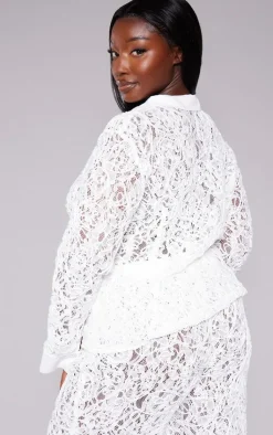 Hot PrettyLittleThing Plus Premium Woven Jacquard Lace Fitted Shirt White