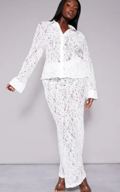 Hot PrettyLittleThing Plus Premium Woven Jacquard Lace Fitted Shirt White