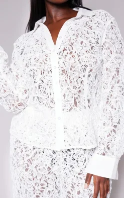 Hot PrettyLittleThing Plus Premium Woven Jacquard Lace Fitted Shirt White