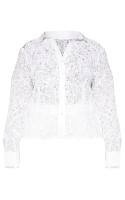 Hot PrettyLittleThing Plus Premium Woven Jacquard Lace Fitted Shirt White