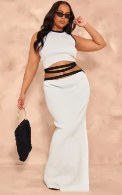 Outlet PrettyLittleThing Plus Rib Knit Contrast Detailing Maxi Skirt White
