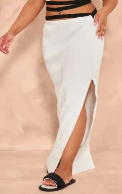 Outlet PrettyLittleThing Plus Rib Knit Contrast Detailing Maxi Skirt White