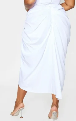 Sale PrettyLittleThing Plus Ruched Side Midi Skirt White