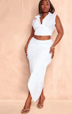 Clearance PrettyLittleThing Plus Ruched Side Split Leg Midaxi Skirt White