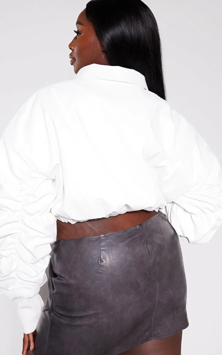 PrettyLittleThing Bomber Jackets*Plus Ruched Sleeve Cropped Faux Leather Bomber Jacket