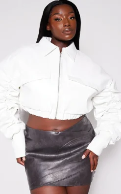 PrettyLittleThing Bomber Jackets*Plus Ruched Sleeve Cropped Faux Leather Bomber Jacket