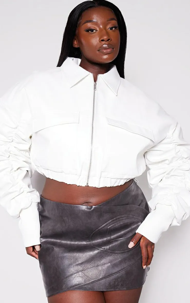 PrettyLittleThing Bomber Jackets*Plus Ruched Sleeve Cropped Faux Leather Bomber Jacket