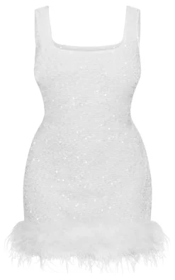 Plus Sequin Scoop Neck Feather Hem Shift Dress-PrettyLittleThing New
