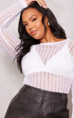PrettyLittleThing Knitted Tops*Plus Sheer Knit Long Sleeve Top