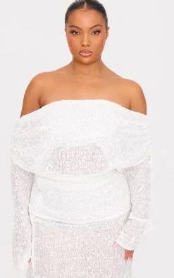 Sale PrettyLittleThing Plus Textured Sequin Foldover Bardot Top White