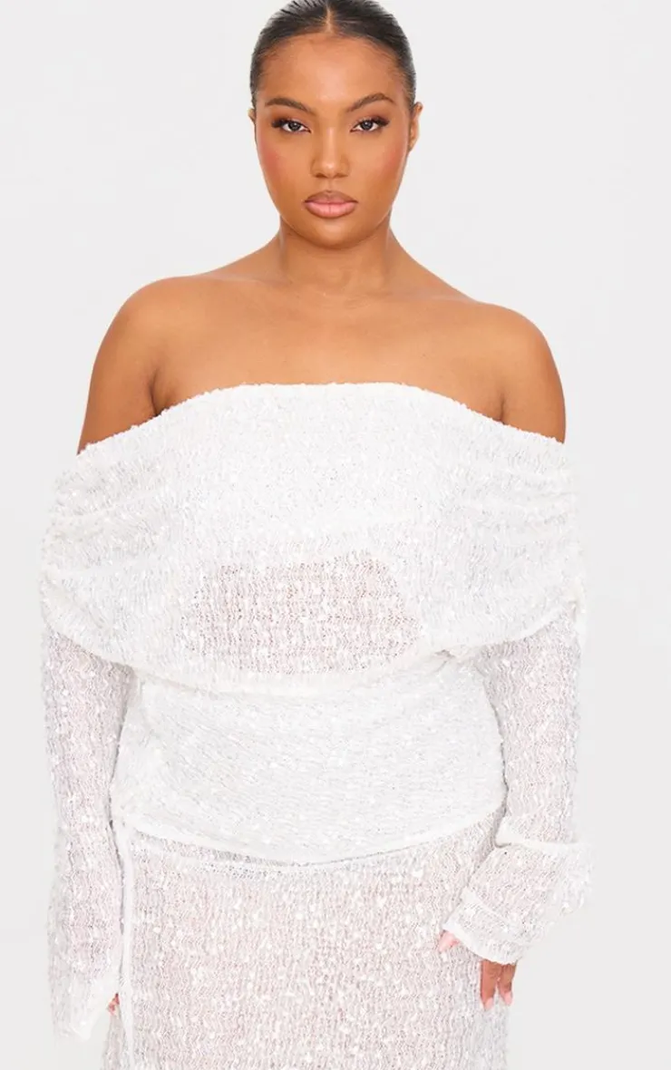 Sale PrettyLittleThing Plus Textured Sequin Foldover Bardot Top White
