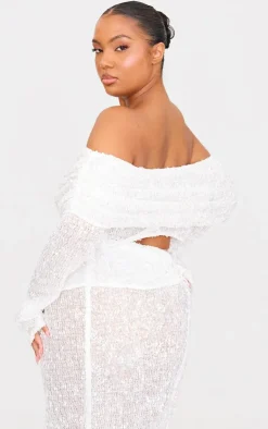 Sale PrettyLittleThing Plus Textured Sequin Foldover Bardot Top White