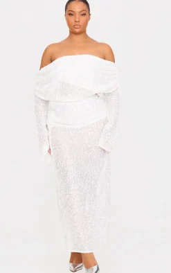 Sale PrettyLittleThing Plus Textured Sequin Foldover Bardot Top White