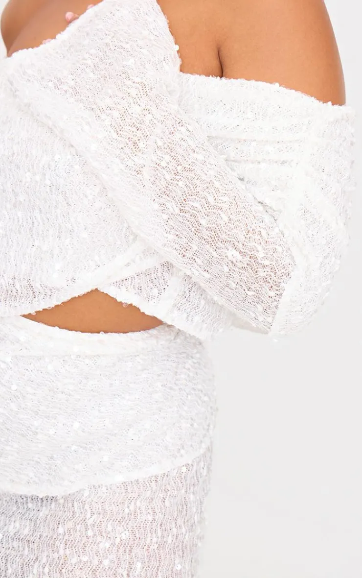 Sale PrettyLittleThing Plus Textured Sequin Foldover Bardot Top White