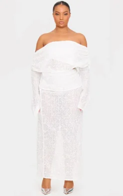 Discount PrettyLittleThing Plus Textured Sequin Foldover Maxi Skirt White