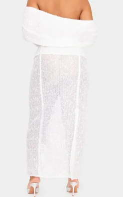 Discount PrettyLittleThing Plus Textured Sequin Foldover Maxi Skirt White