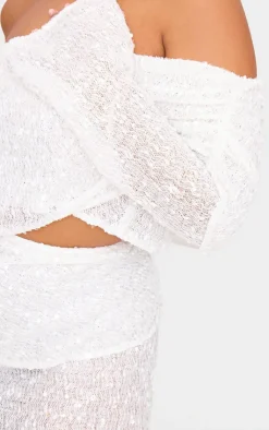Discount PrettyLittleThing Plus Textured Sequin Foldover Maxi Skirt White