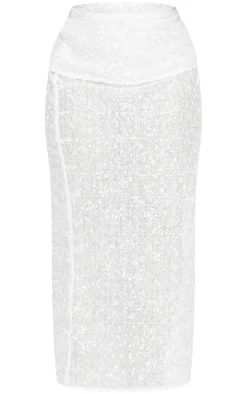 Discount PrettyLittleThing Plus Textured Sequin Foldover Maxi Skirt White