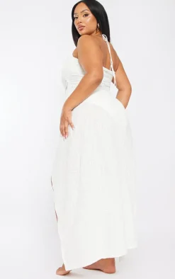 Plus White Textured Tie Front Mid Beach Dress