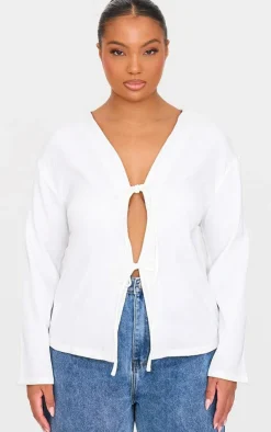 PrettyLittleThing Shirts*Plus Woven Tie Front Flared Sleeve Shirt
