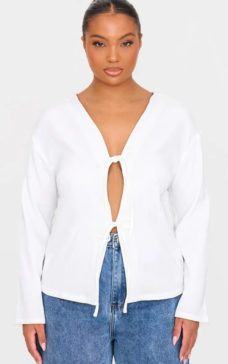 PrettyLittleThing Shirts*Plus Woven Tie Front Flared Sleeve Shirt