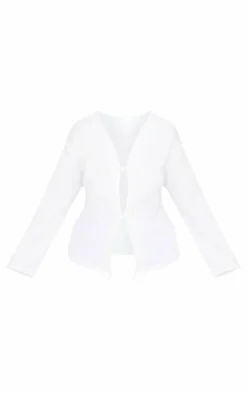 PrettyLittleThing Shirts*Plus Woven Tie Front Flared Sleeve Shirt