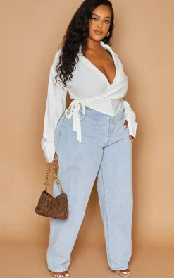 PrettyLittleThing Wrap Tops*Plus Wrap Front Shirt Long Sleeve Crop Top