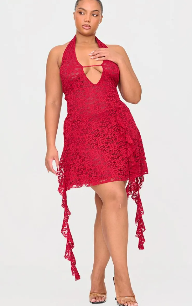 Plus Halterneck Lace Drape Detail Mini Dress-PrettyLittleThing Online