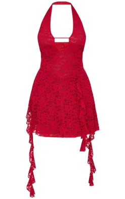 Plus Halterneck Lace Drape Detail Mini Dress-PrettyLittleThing Online