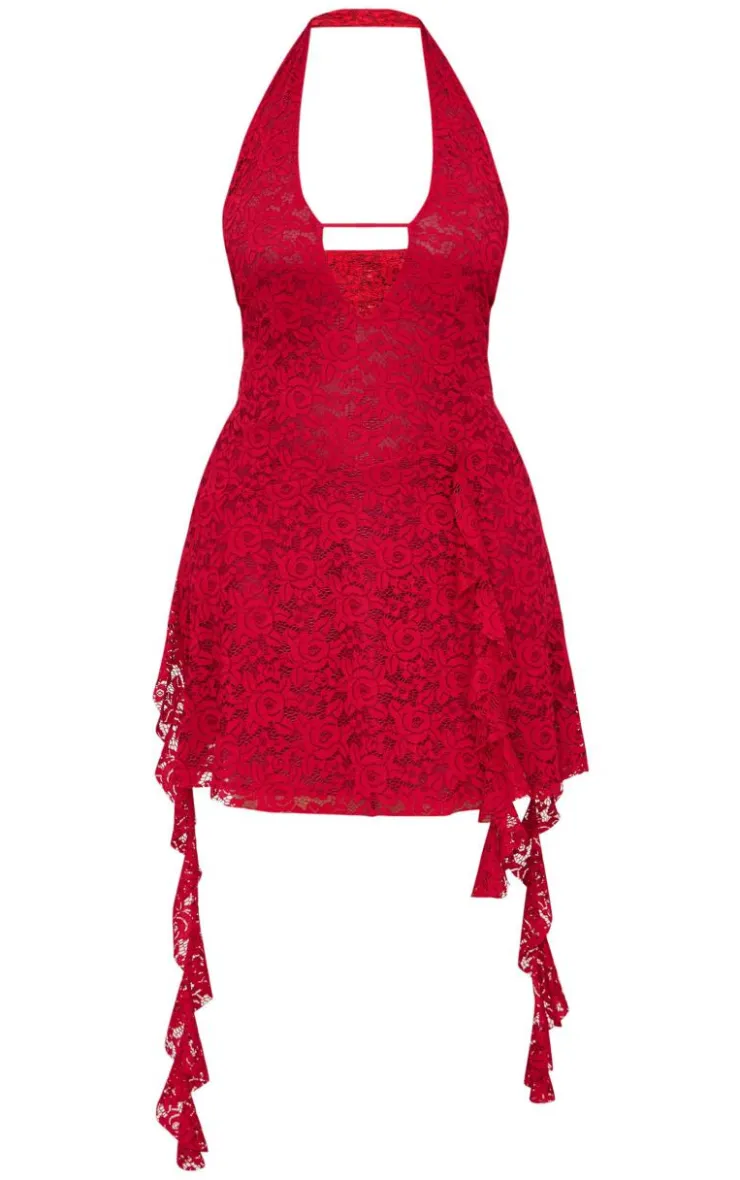 Plus Halterneck Lace Drape Detail Mini Dress-PrettyLittleThing Online