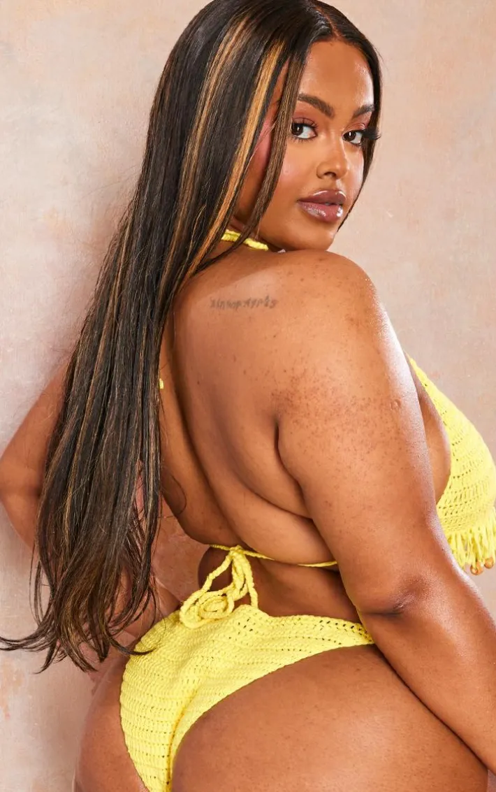 Plus Yellow Bead Detail Tassle Crochet Bikini Bottoms