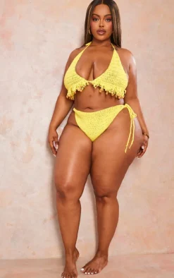 Plus Yellow Bead Detail Tassle Crochet Bikini Bottoms