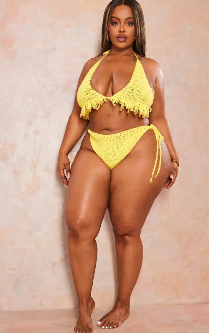 Plus Yellow Bead Detail Tassle Crochet Bikini Bottoms