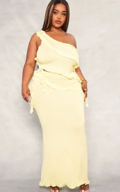 PrettyLittleThing Plus Rib Knit Frill Detail Maxi Skirt Yellow