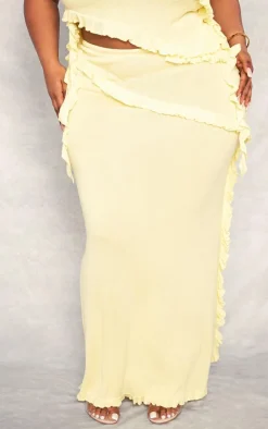PrettyLittleThing Plus Rib Knit Frill Detail Maxi Skirt Yellow