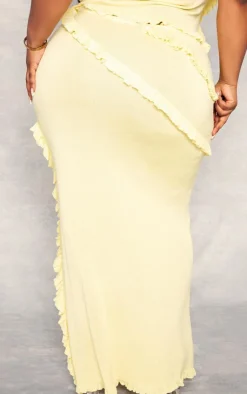 PrettyLittleThing Plus Rib Knit Frill Detail Maxi Skirt Yellow