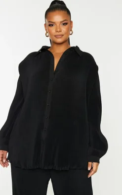 New PrettyLittleThing Plus  Plisse Button Front Oversized Shirt Black