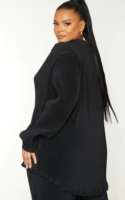 New PrettyLittleThing Plus  Plisse Button Front Oversized Shirt Black