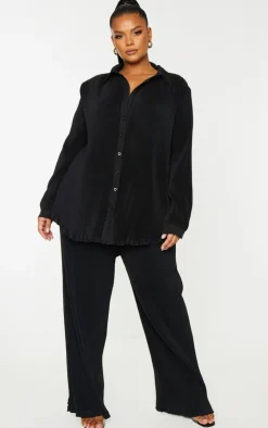 New PrettyLittleThing Plus  Plisse Button Front Oversized Shirt Black