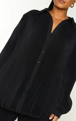 New PrettyLittleThing Plus  Plisse Button Front Oversized Shirt Black