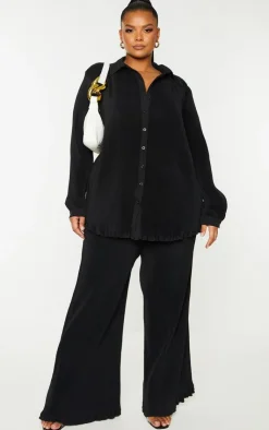 PrettyLittleThing Plus  Plisse High Waisted Wide Leg Pants Black