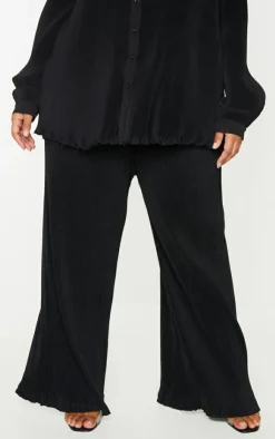 PrettyLittleThing Plus  Plisse High Waisted Wide Leg Pants Black