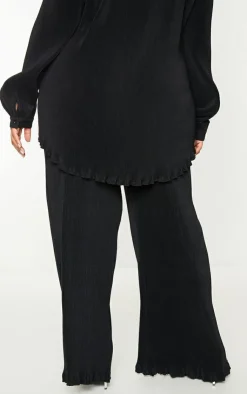 PrettyLittleThing Plus  Plisse High Waisted Wide Leg Pants Black