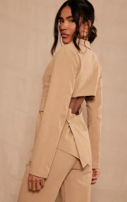 New PrettyLittleThing Premium Linen Look Cut Out Back Blazer Beige