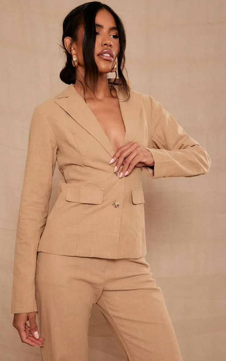 New PrettyLittleThing Premium Linen Look Cut Out Back Blazer Beige