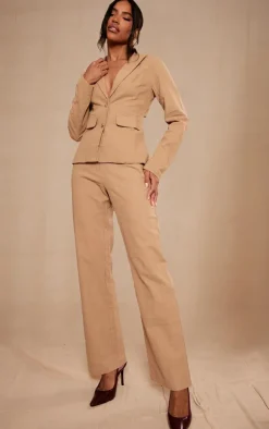 New PrettyLittleThing Premium Linen Look Cut Out Back Blazer Beige
