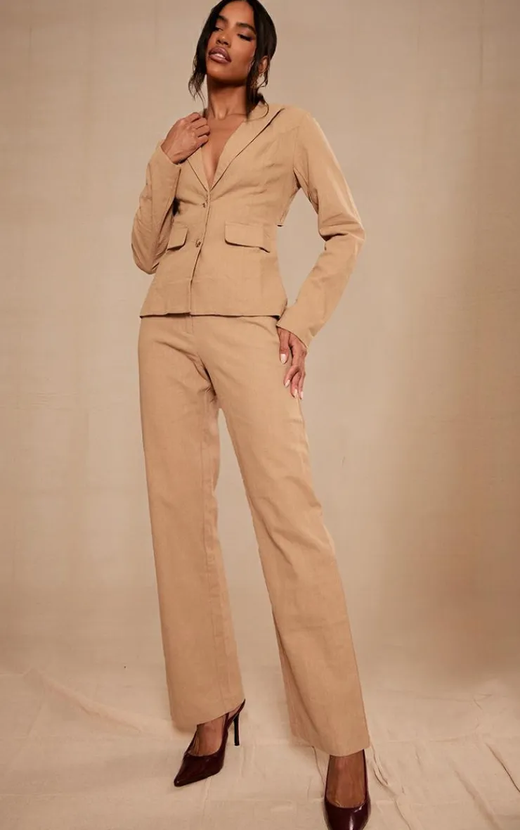 New PrettyLittleThing Premium Linen Look Cut Out Back Blazer Beige